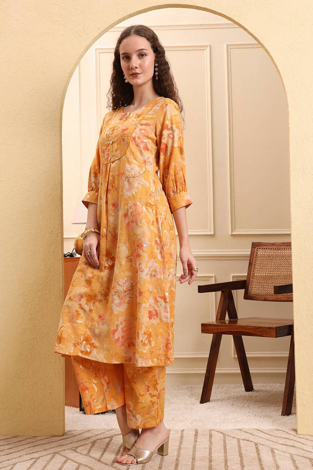 Mustard Floral Printed Linen Straight Cut Suit Set