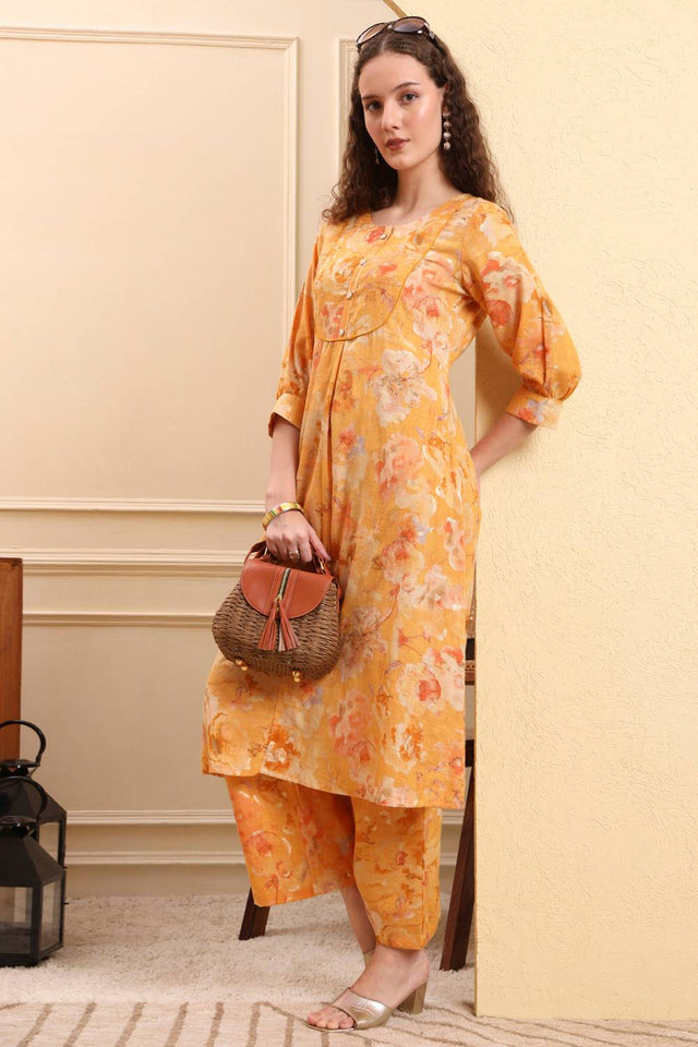 Mustard Floral Printed Linen Straight Cut Suit Set
