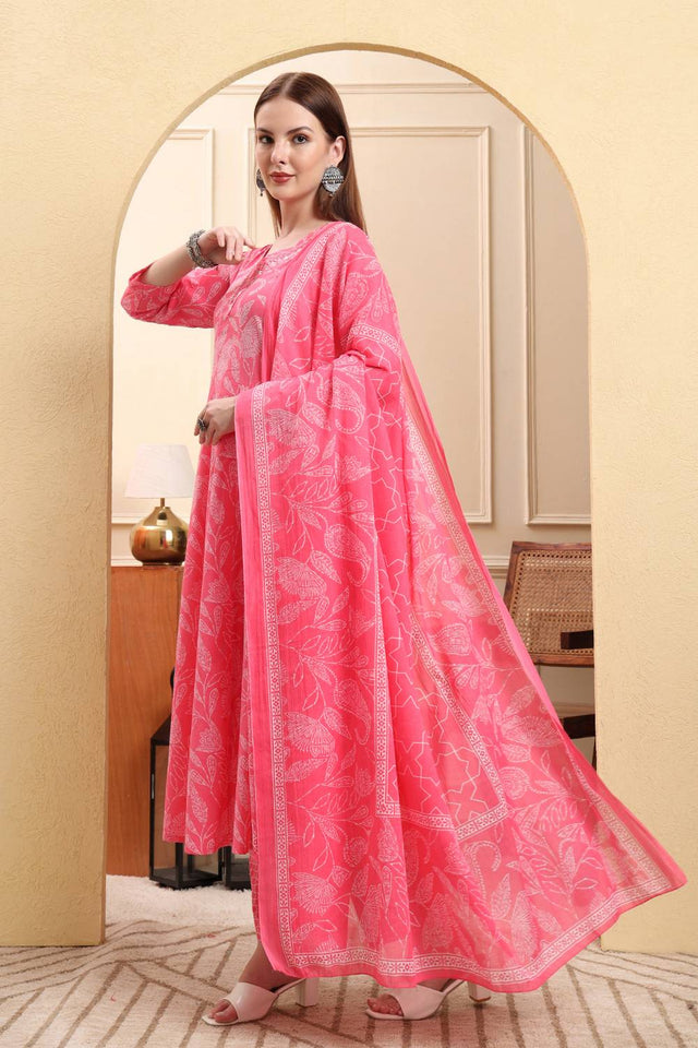 Pink Floral Printed Cotton Anarkali Suit Set