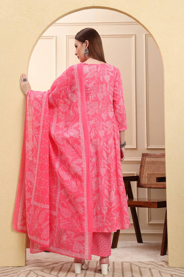 Pink Floral Printed Cotton Anarkali Suit Set
