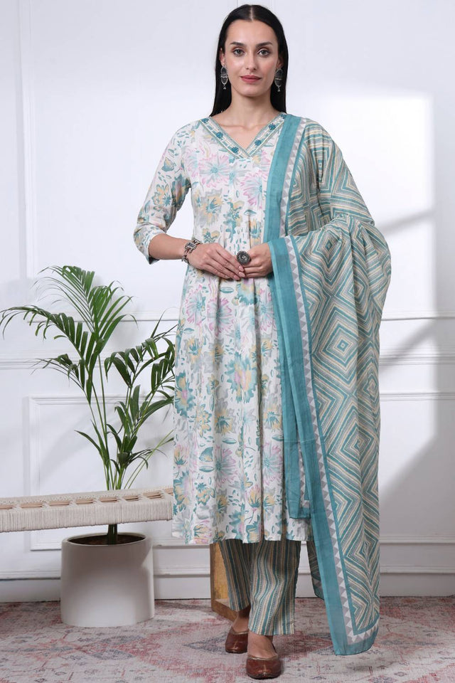Sea Green Floral Printed Cotton Anarkali Suit Set