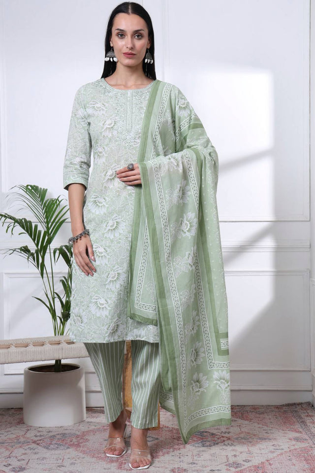Sea Green Floral Printed Cotton Straight Cut Suit Set
