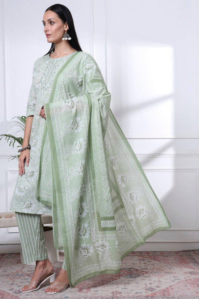 Sea Green Floral Printed Cotton Straight Cut Suit Set