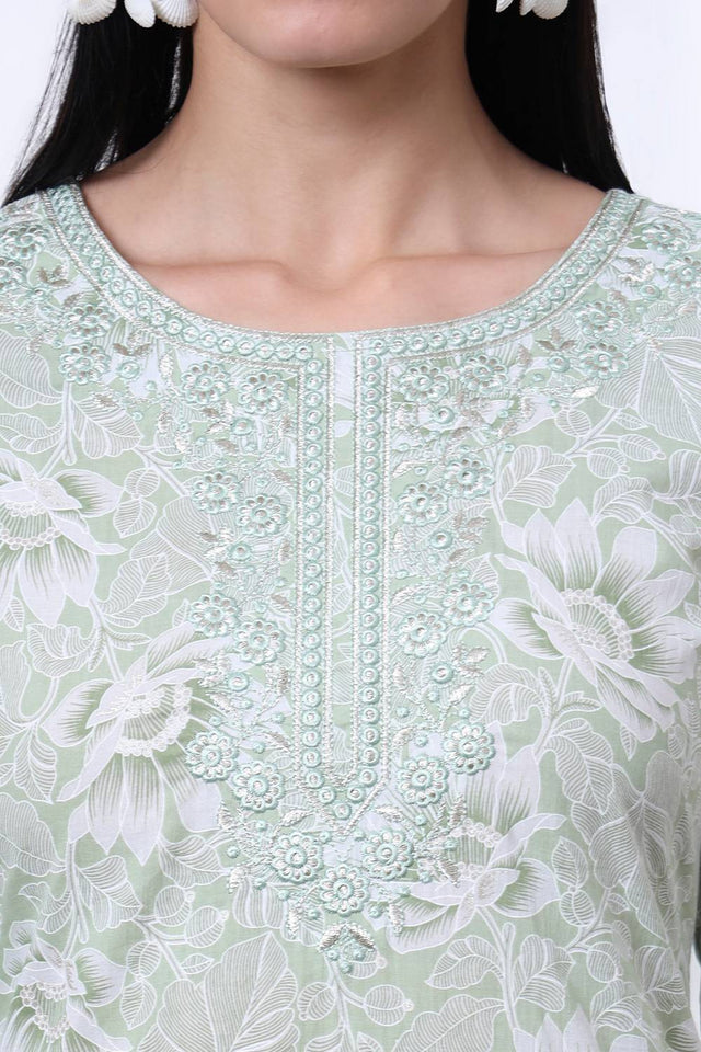 Sea Green Floral Printed Cotton Straight Cut Suit Set