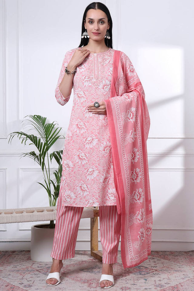 Pink Floral Printed Cotton Straight Cut Suit Set