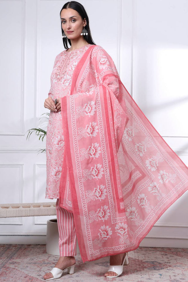 Pink Floral Printed Cotton Straight Cut Suit Set