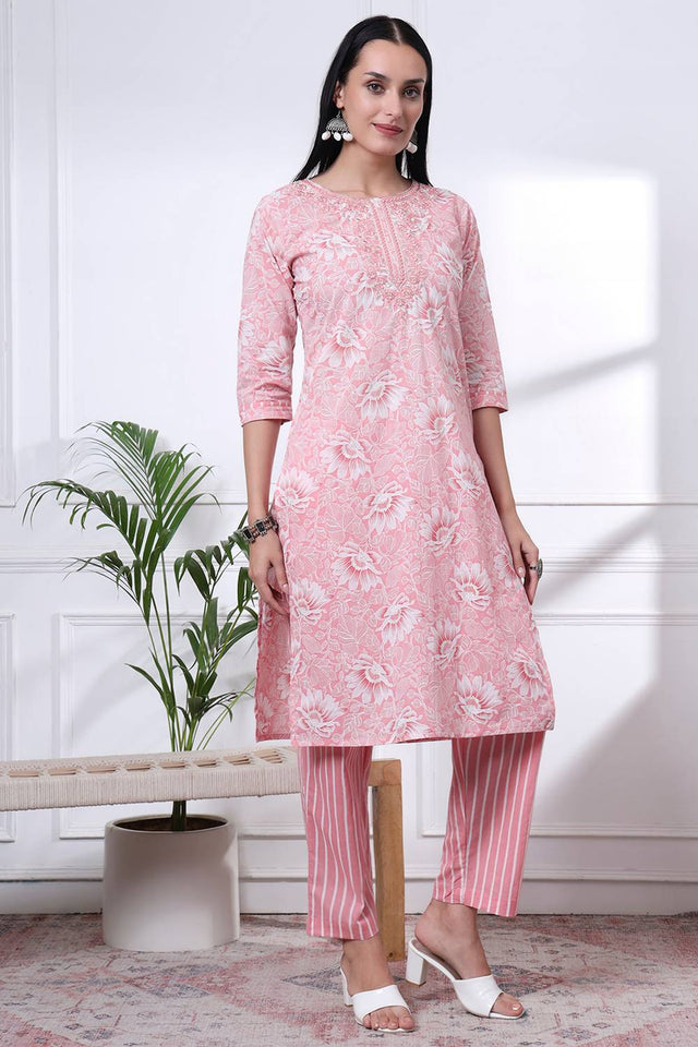 Pink Floral Printed Cotton Straight Cut Suit Set