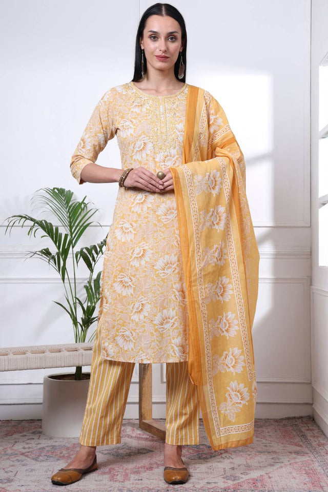 Yellow Floral Printed Cotton Straight Cut Suit Set