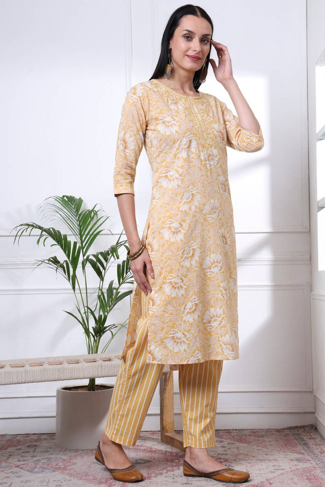 Yellow Floral Printed Cotton Straight Cut Suit Set