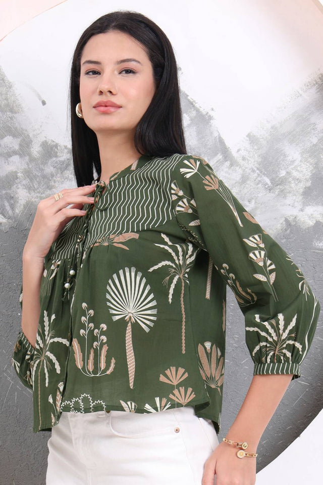 Green Floral Printed Cotton Tops & Tunics