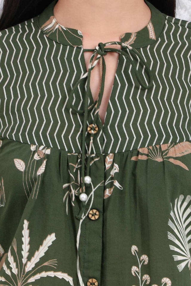 Green Floral Printed Cotton Tops & Tunics