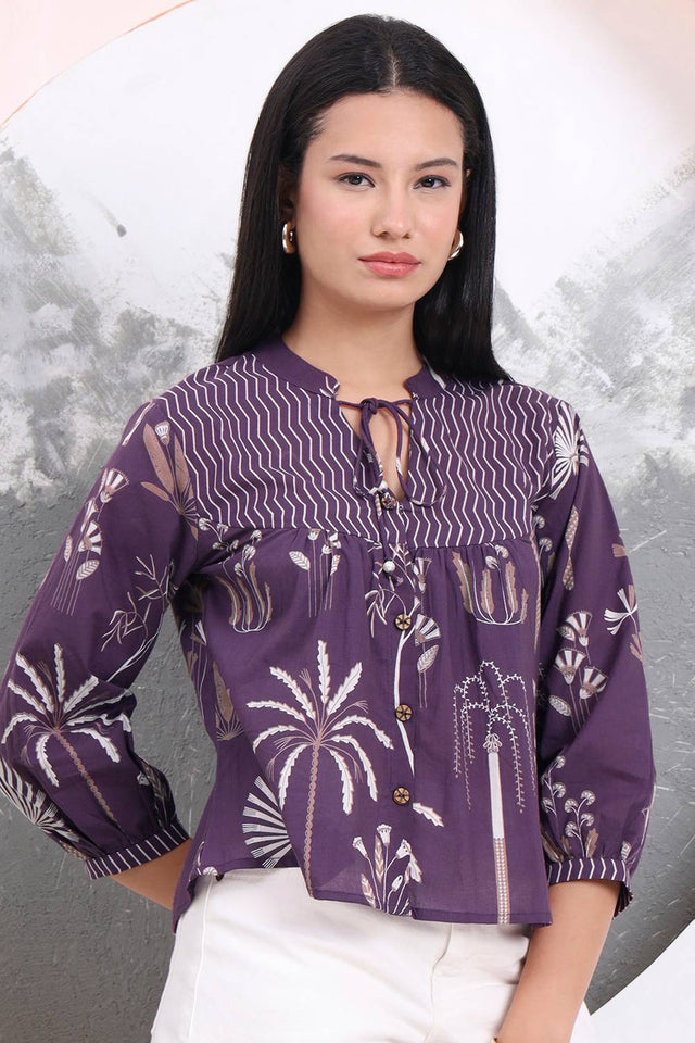 Violet Floral Printed Cotton Tops & Tunics