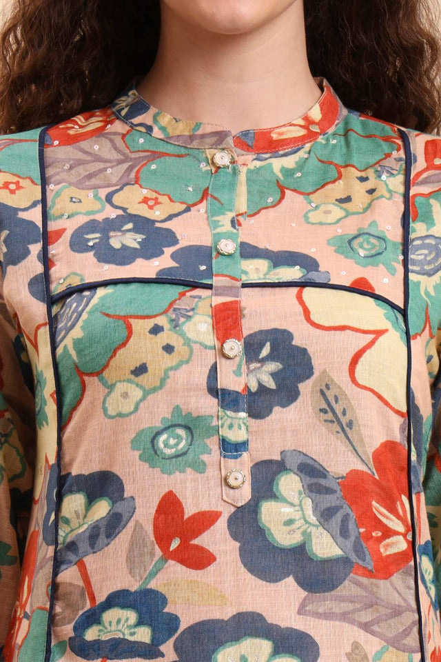 Peach Floral Printed Linen Straight Cut Suit Set