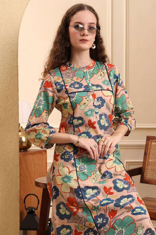 Peach Floral Printed Linen Straight Cut Suit Set