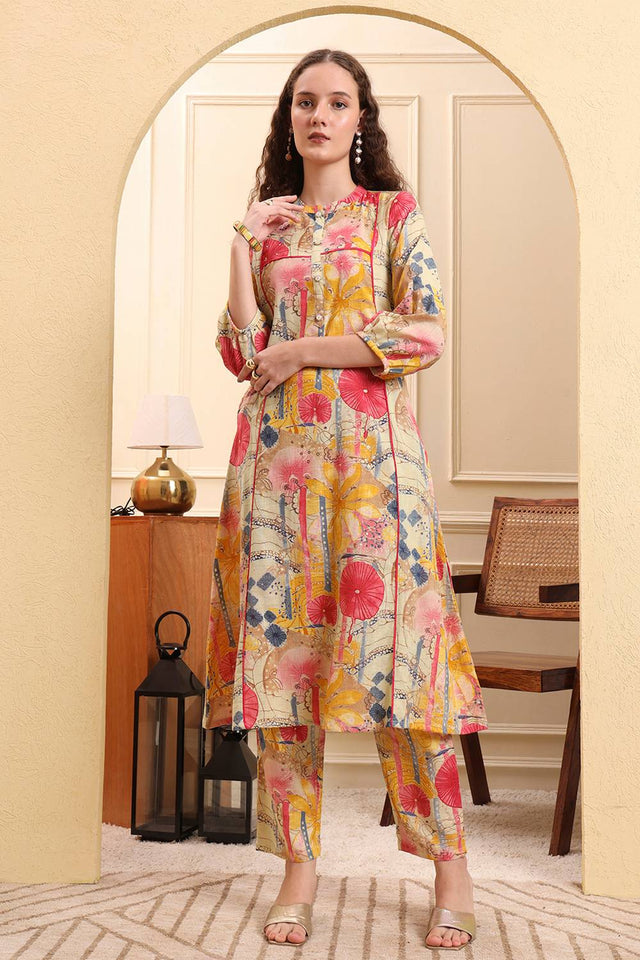 Yellow Floral Printed Linen Straight Cut Suit Set