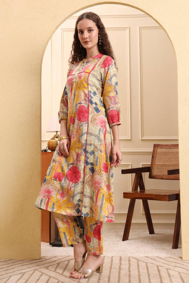 Yellow Floral Printed Linen Straight Cut Suit Set