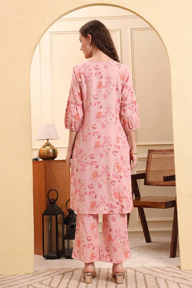 Pink Floral Printed Linen Straight Cut Suit Set