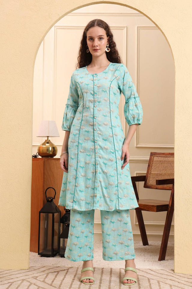 Sea Green Floral Printed Linen Straight Cut Suit Set