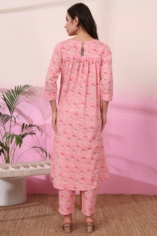 Pink Floral Printed Linen Straight Cut Suit Set