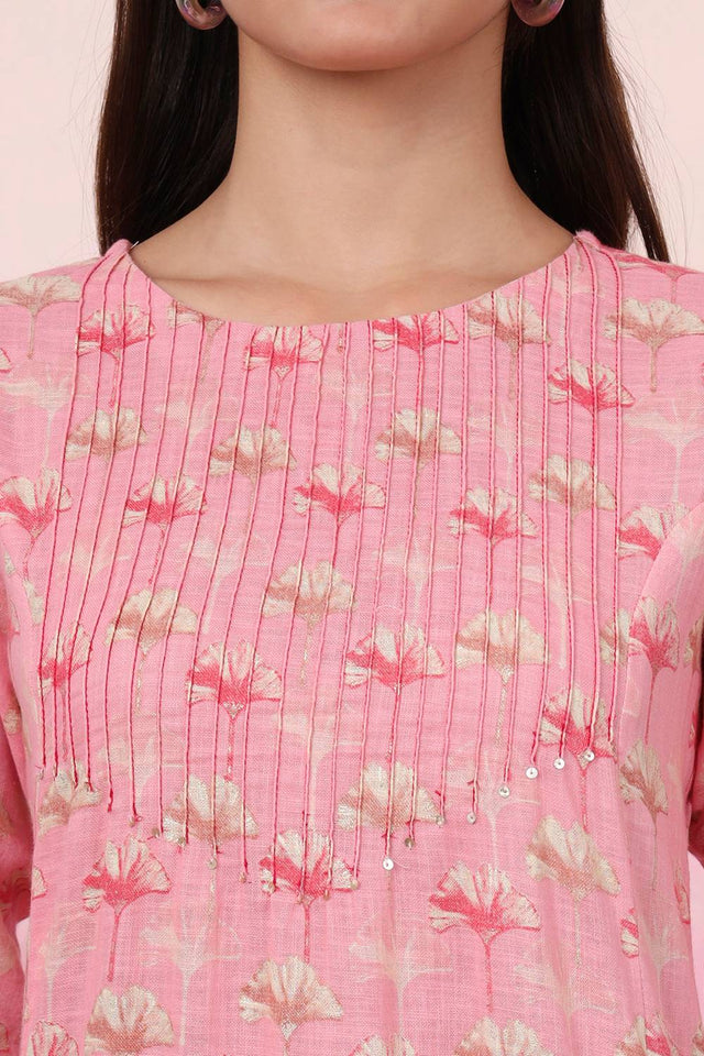 Pink Floral Printed Linen Straight Cut Suit Set