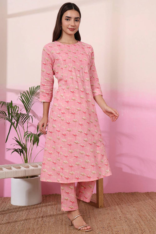 Pink Floral Printed Linen Straight Cut Suit Set