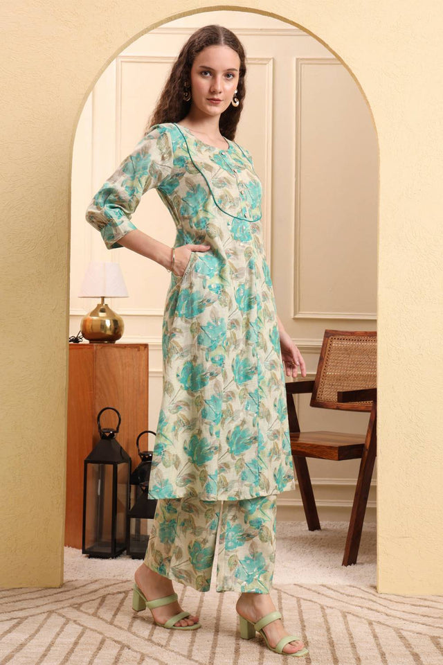 Multi Color Floral Printed Linen Straight Cut Suit Set