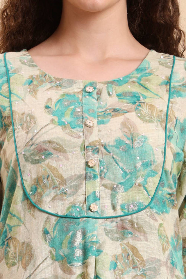 Multi Color Floral Printed Linen Straight Cut Suit Set