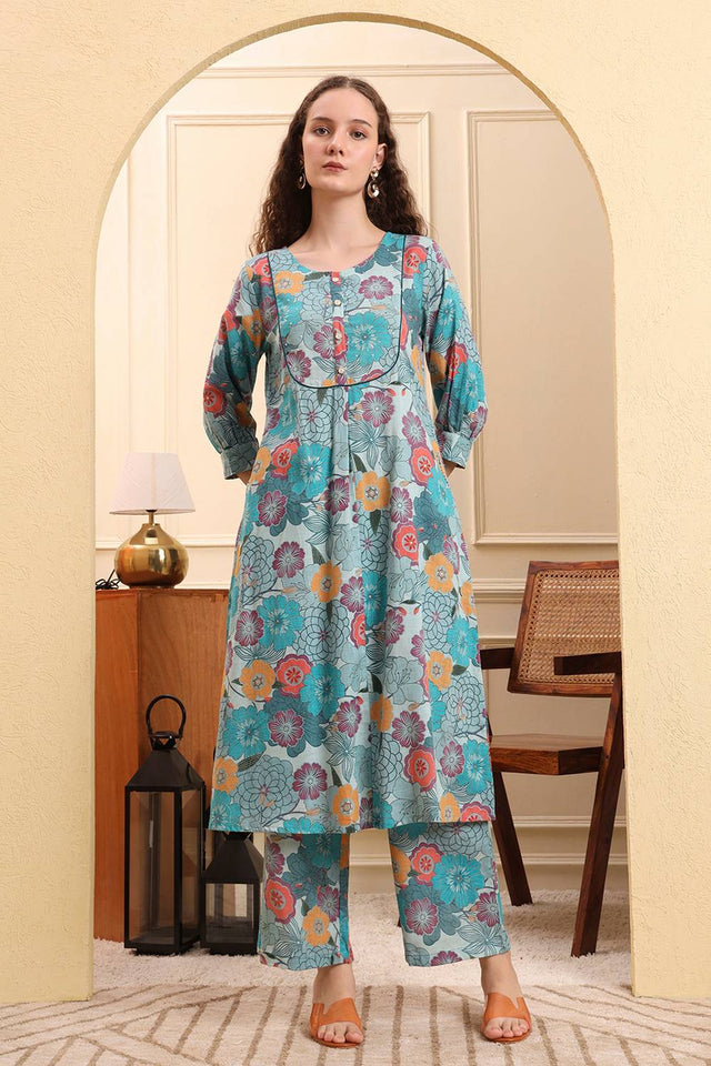 Sea Green Floral Printed Linen Straight Cut Suit Set
