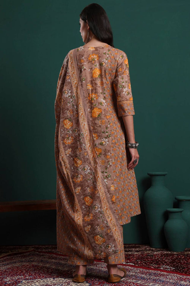 Brown Floral Printed Cotton Straight Cut Suit Set