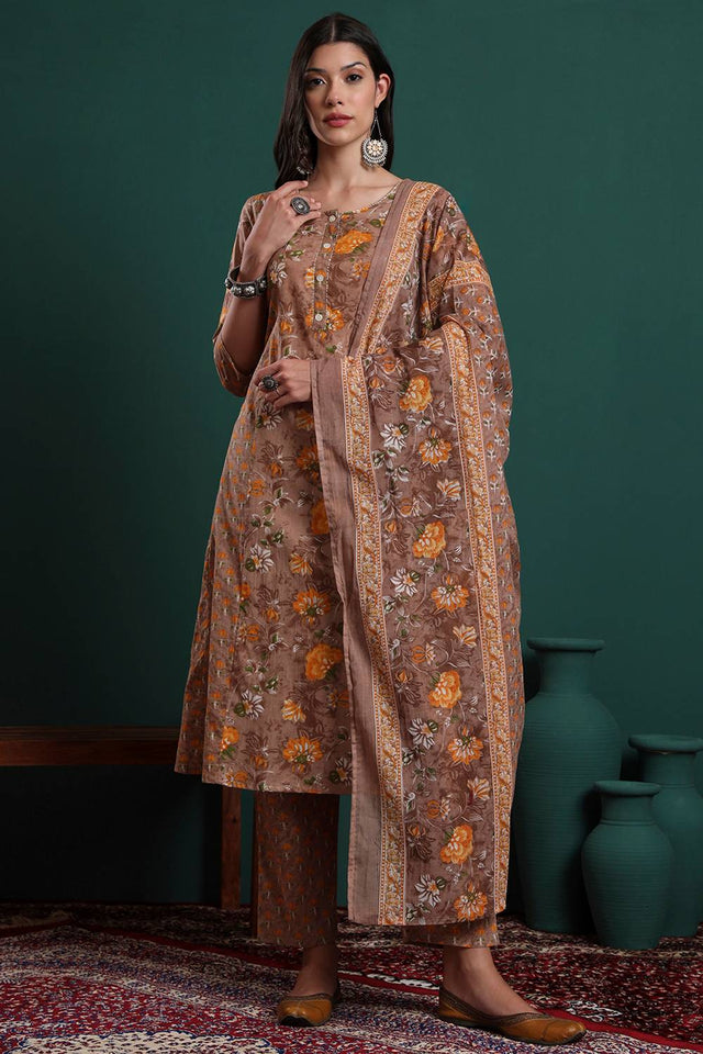 Brown Floral Printed Cotton Straight Cut Suit Set