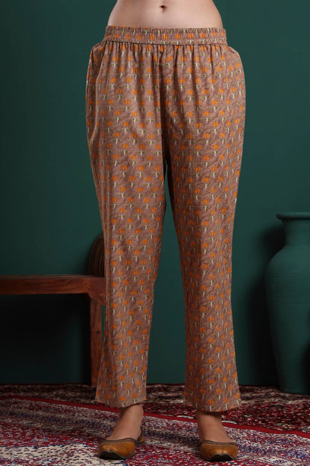Brown Floral Printed Cotton Straight Cut Suit Set