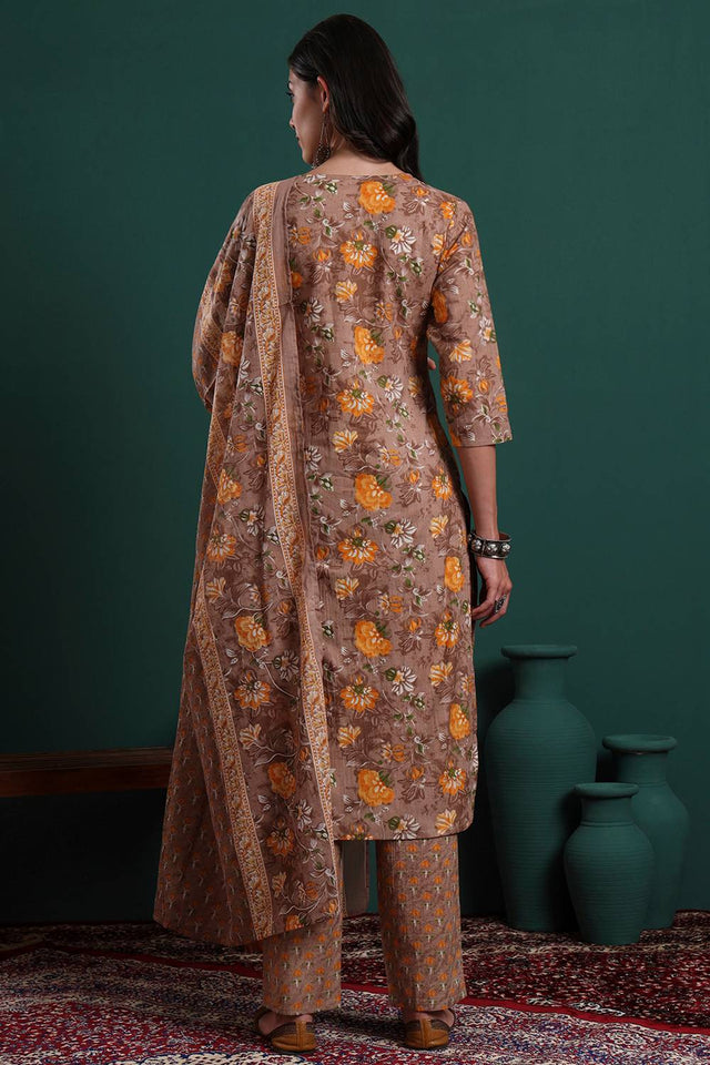 Brown Floral Printed Cotton Straight Cut Suit Set