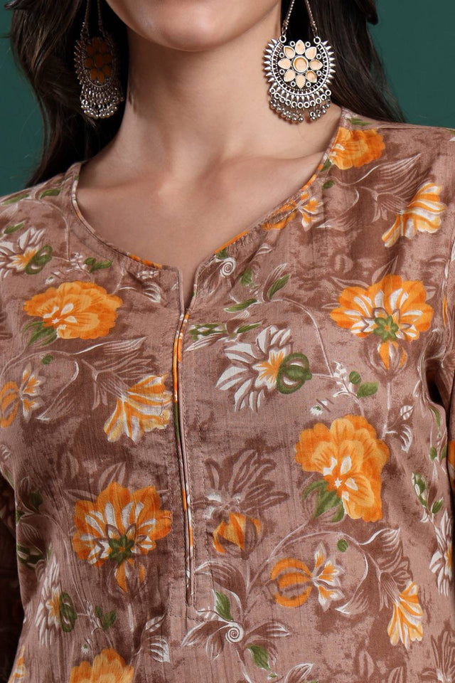 Brown Floral Printed Cotton Straight Cut Suit Set