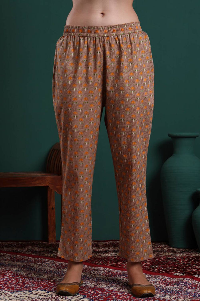 Brown Floral Printed Cotton Straight Cut Suit Set