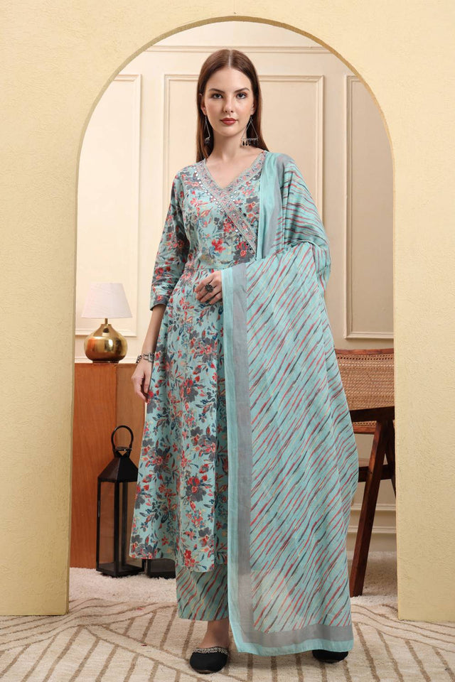 Blue Floral Printed Cotton Anarkali Suit Set
