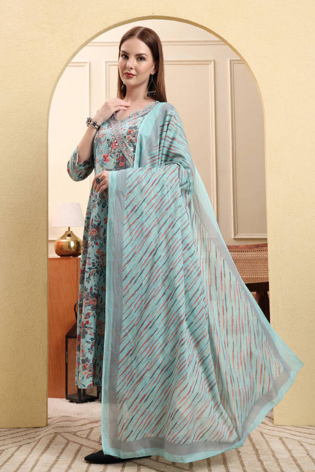 Blue Floral Printed Cotton Anarkali Suit Set