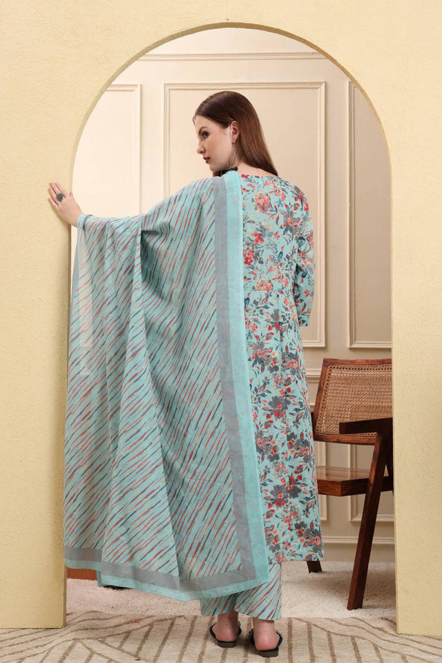 Blue Floral Printed Cotton Anarkali Suit Set