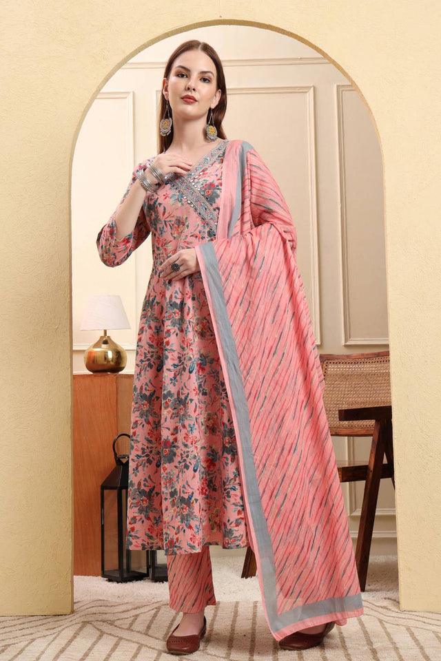 Pink Floral Printed Cotton Anarkali Suit Set