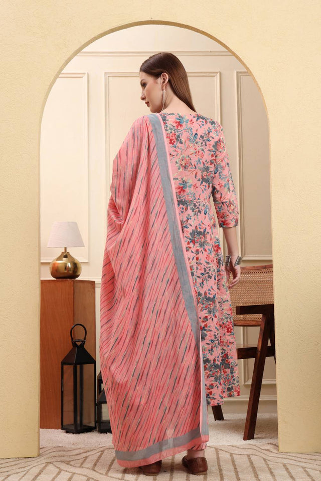 Pink Floral Printed Cotton Anarkali Suit Set