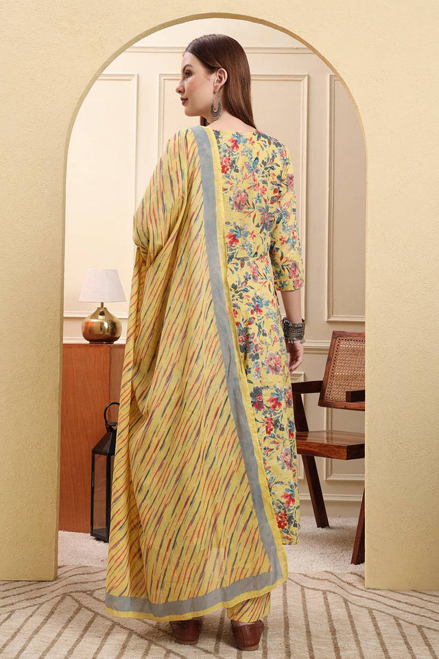 Yellow Floral Printed Cotton Anarkali Suit Set