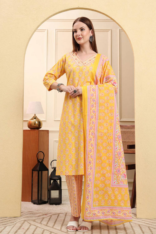 Yellow Floral Printed Cotton Straight Cut Suit Set