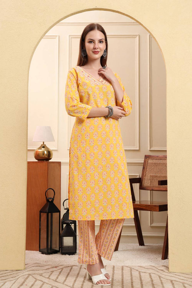 Yellow Floral Printed Cotton Straight Cut Suit Set