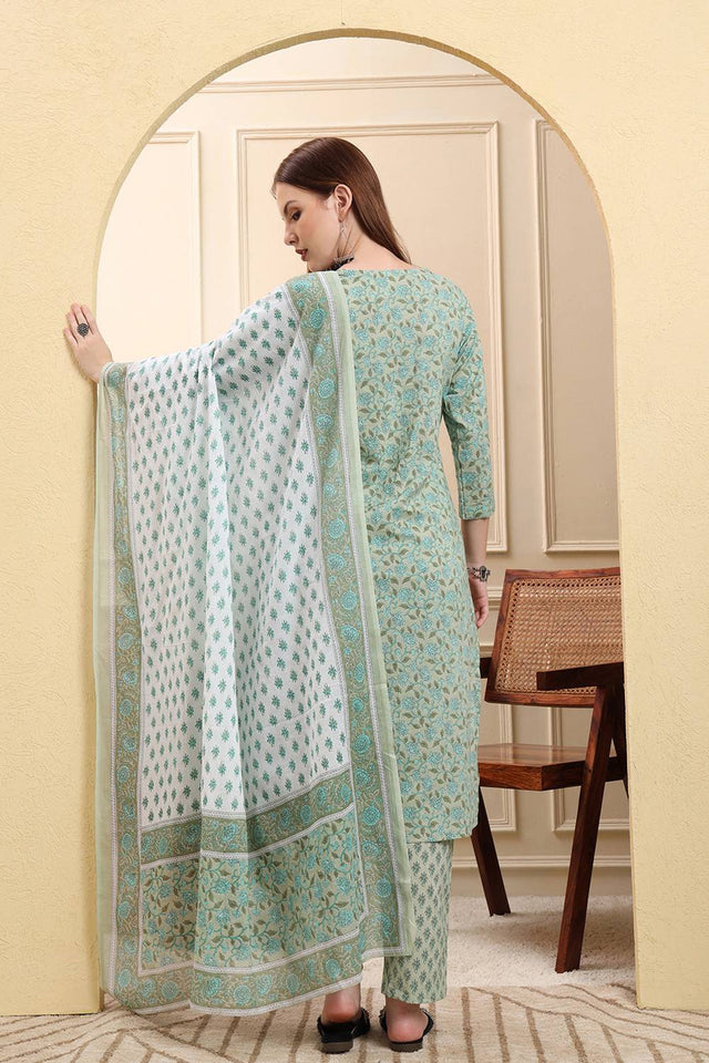 Green Floral Printed Cotton Straight Cut Suit Set