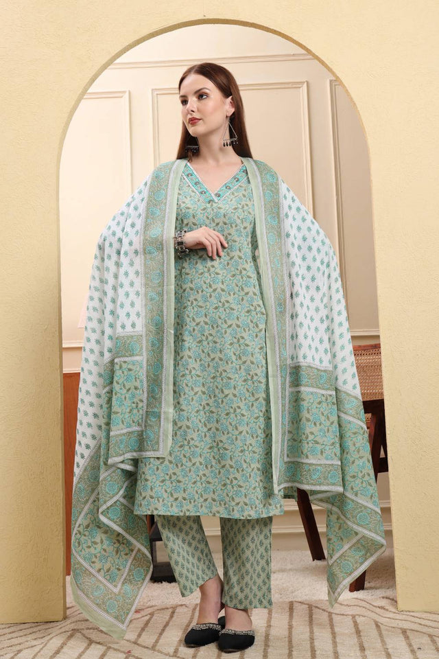 Green Floral Printed Cotton Straight Cut Suit Set