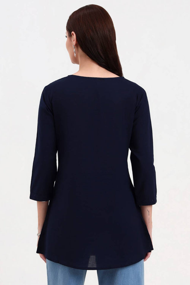 Navy Blue Embroidered Cotton Tops & Tunics
