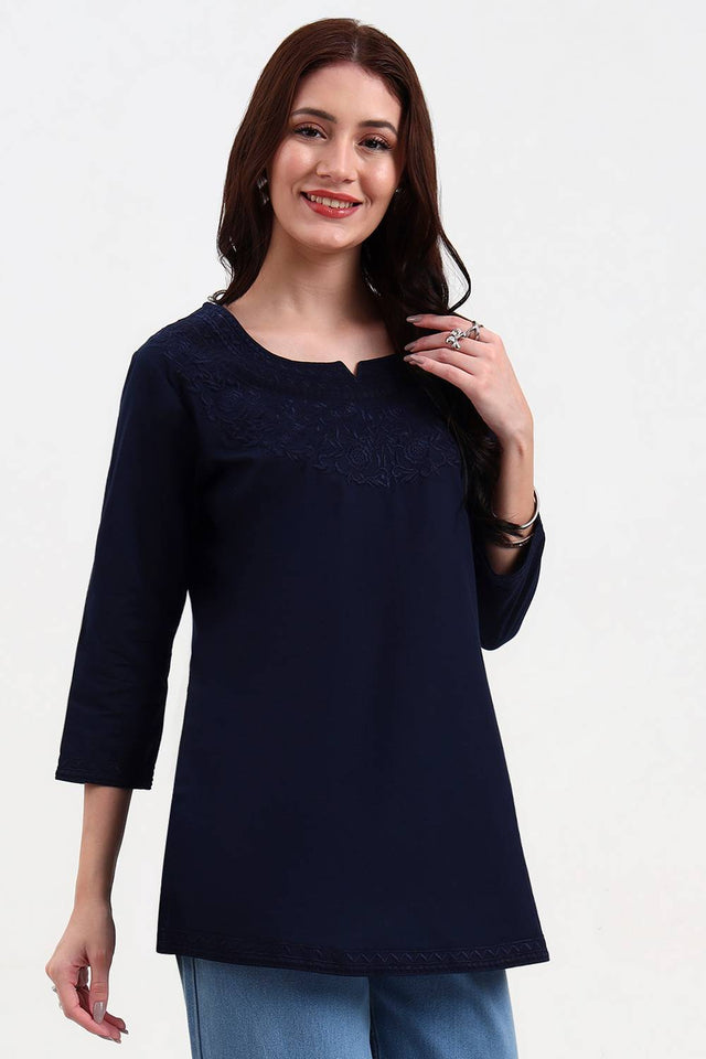 Navy Blue Embroidered Cotton Tops & Tunics
