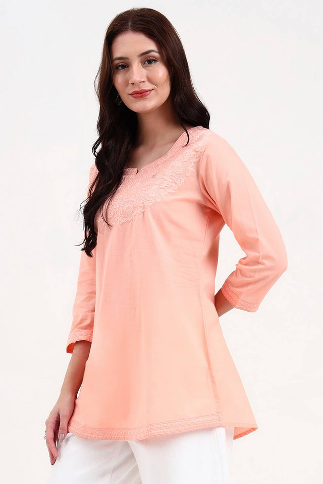 Peach Embroidered Cotton Tops & Tunics
