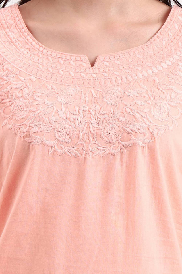 Peach Embroidered Cotton Tops & Tunics