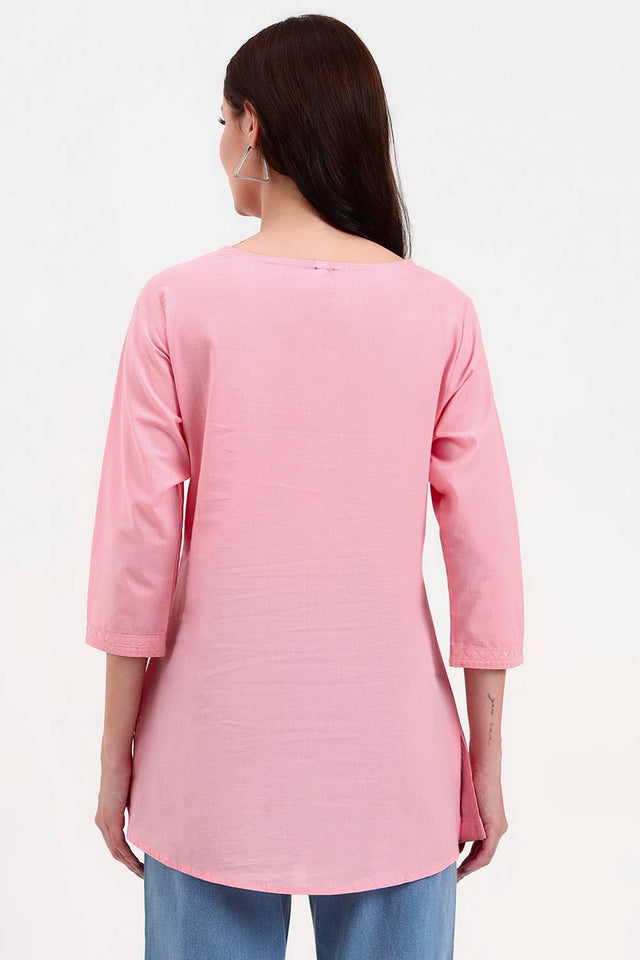 Pink Embroidered Cotton Tops & Tunics
