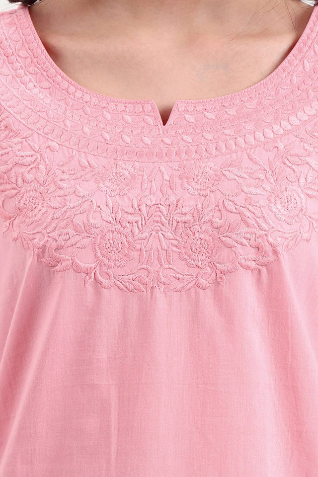 Pink Embroidered Cotton Tops & Tunics